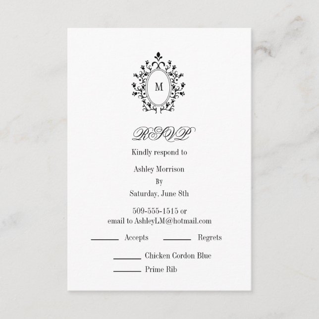 Minimal RSVP card Monogram With 2 Entree Choice (Front)