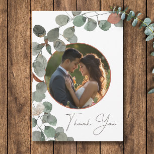 Minimal Rust Green Eucalyptus Wreath Photo Wedding Thank You Card
