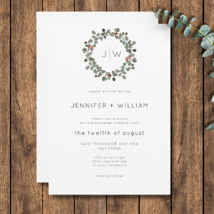 Minimal Rust Green Eucalyptus Wreath Wedding Invitation