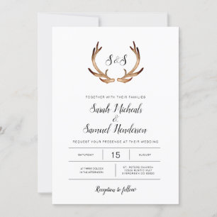 Minimal Rustic Antler Watercolor Wedding Invitation