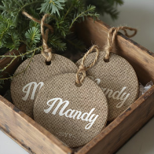 Minimal Rustic Farmhouse Burlap Personalised  Ceramic Tree Decoration