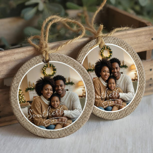 Minimal Rustic Farmhouse Burlap Personalised Photo Ceramic Tree Decoration