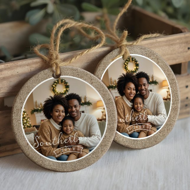 Minimal Rustic Farmhouse Burlap Personalised Photo Ceramic Tree Decoration (Minimal Rustic Farmhouse Burlap Personalized Photo Ceramic Ornament)