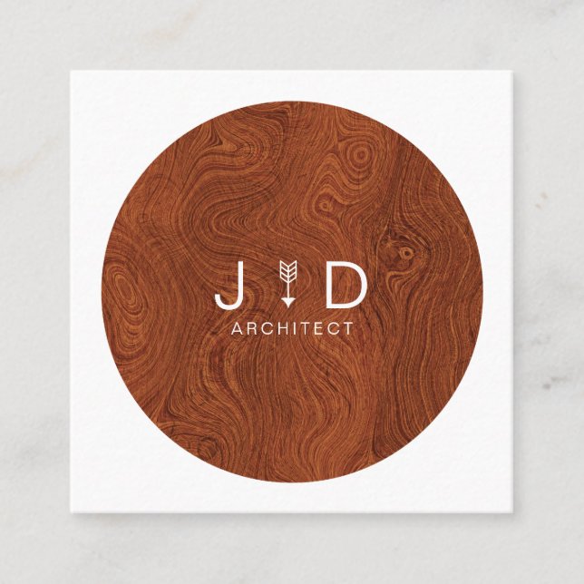 Minimal, Rustic, Modern Trendy Woodgrain Monogram Square Business Card (Front)