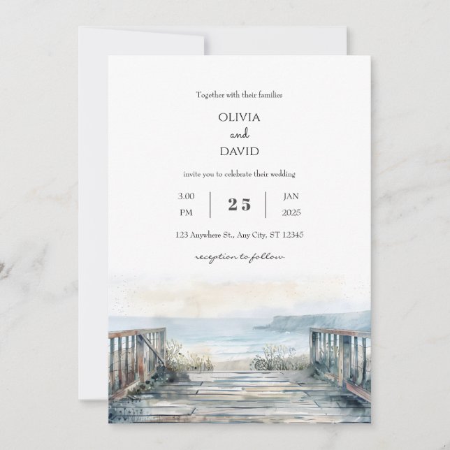 Minimal Rustic Seaside Balcony View Beach Wedding  Invitation (Front)
