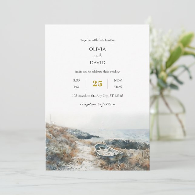 Minimal Rustic Seaside Rocky Shore Beach Wedding  Invitation (Standing Front)