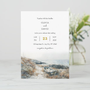 Minimal Rustic Seaside Rocky Shore Beach Wedding  Invitation