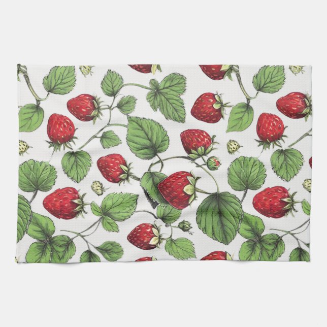 Minimal Rustic Strawberry Sketch by CallisC Arts ⭐ Tea Towel (Horizontal)