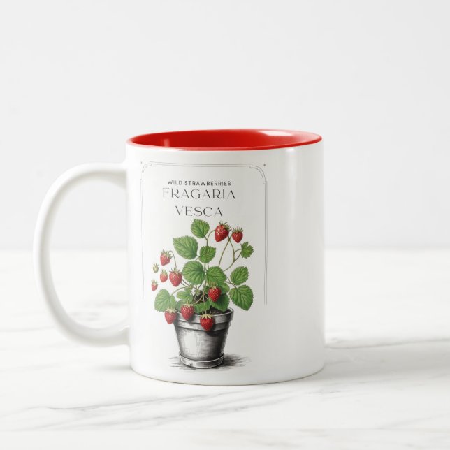 Minimal Rustic Strawberry Sketch by CallisC Arts ⭐ Two-Tone Coffee Mug (Left)
