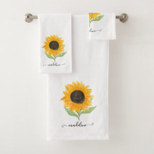 Minimal Rustic Sunflower Personalized Name Script Bath Towel Set