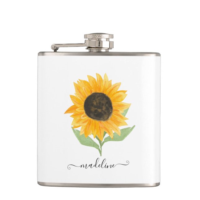 Minimal Rustic Sunflower Personalized Name Script Hip Flask (Front)