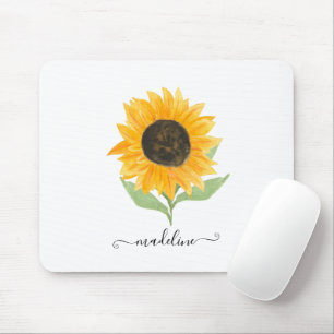 Minimal Rustic Sunflower Personalized Name Script Mouse Mat
