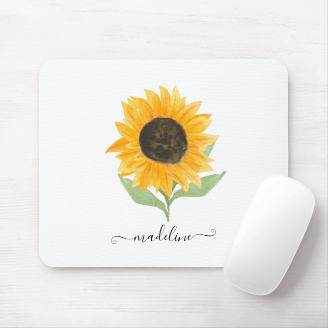 Minimal Rustic Sunflower Personalized Name Script Mouse Mat (With Mouse)