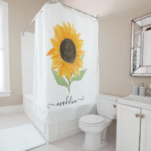 Minimal Rustic Sunflower Personalized Name Script Shower Curtain