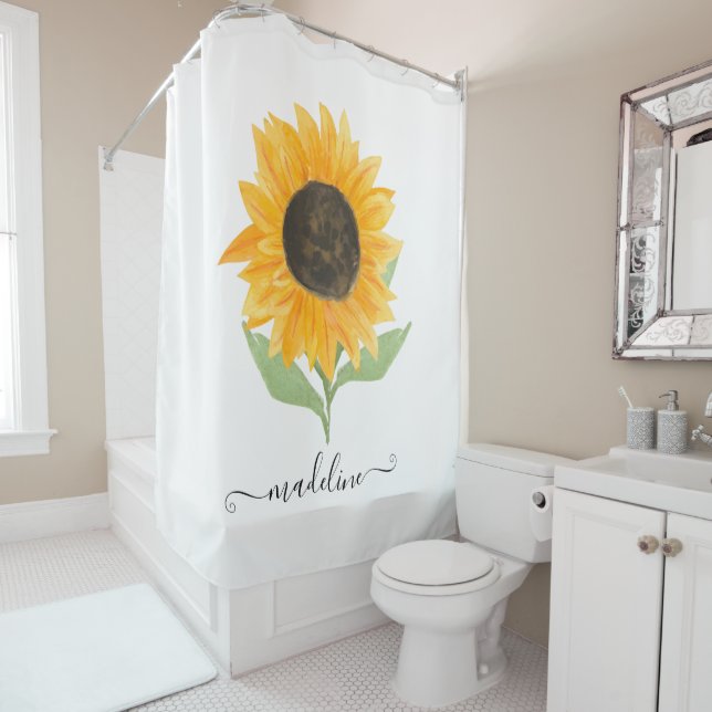 Minimal Rustic Sunflower Personalized Name Script Shower Curtain (In Situ)