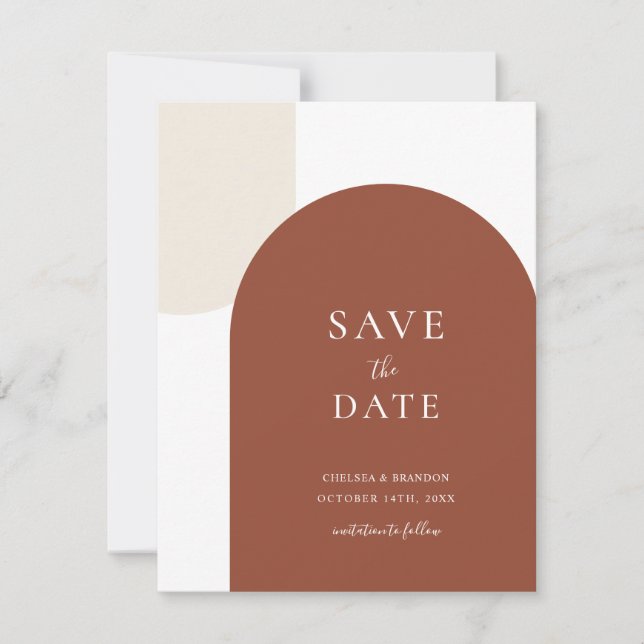 Minimal Rustic Terracotta Boho Arch Script Wedding Save The Date (Front)