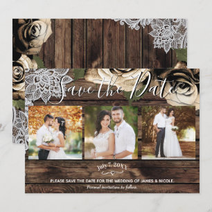 Minimal Rustic Wood Gold Roses Photo Save the Date Invitation
