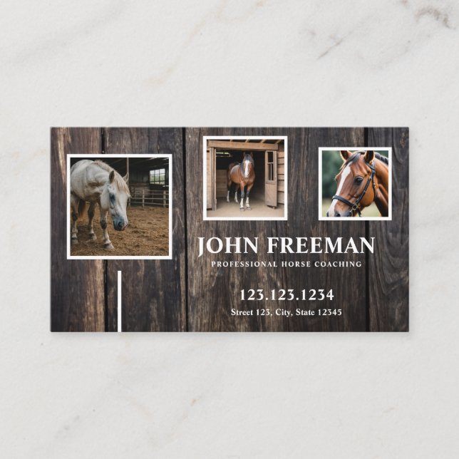 Minimal Rustic Wood Horse Photo Equestrian Business Card (Front)