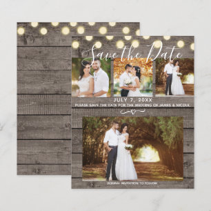Minimal Rustic Wood & Lights 4 Photo Save the Date