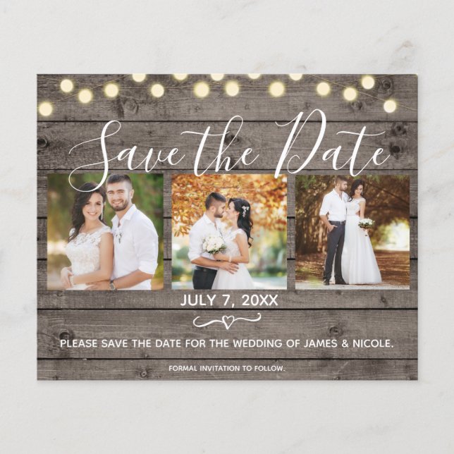 Minimal Rustic Wood & Lights Photo Save the Date (Front)