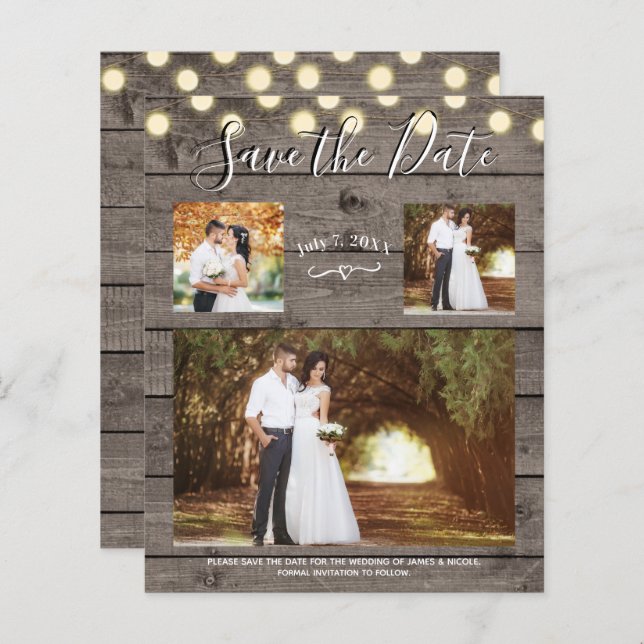 Minimal Rustic Wood & Lights Photo Save the Date (Front/Back)