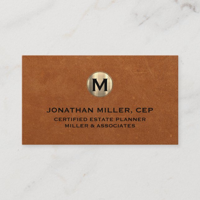Minimal Sable Leather Gold Initial Business Card (Front)