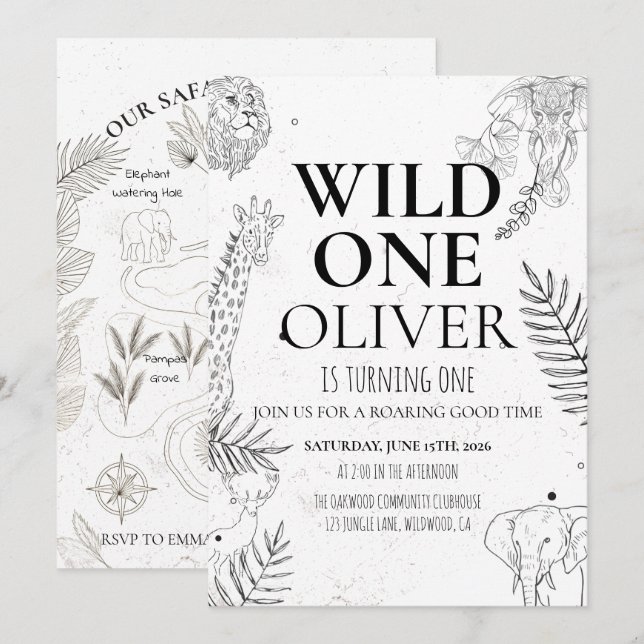 Minimal Safari Wild One 1st Birthday Map Invitation (Front/Back)