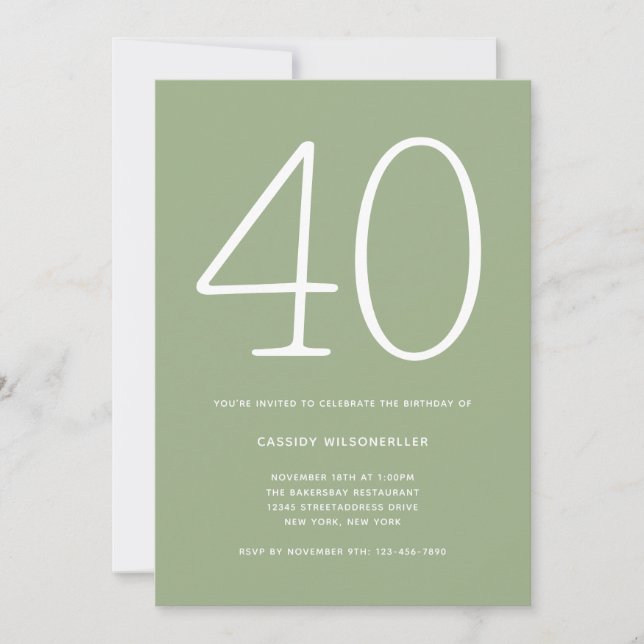 Minimal Sage 40th Birthday Invitation (Front)