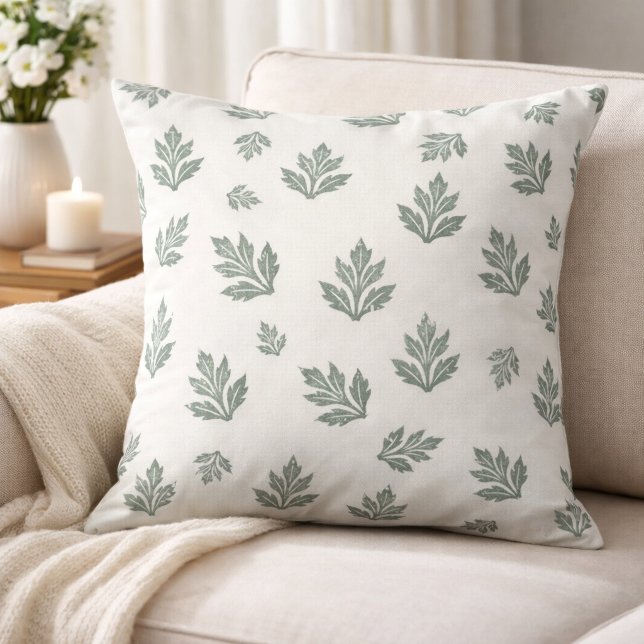 Minimal Sage Green Block Print Leaf Cushion (Creator Uploaded)