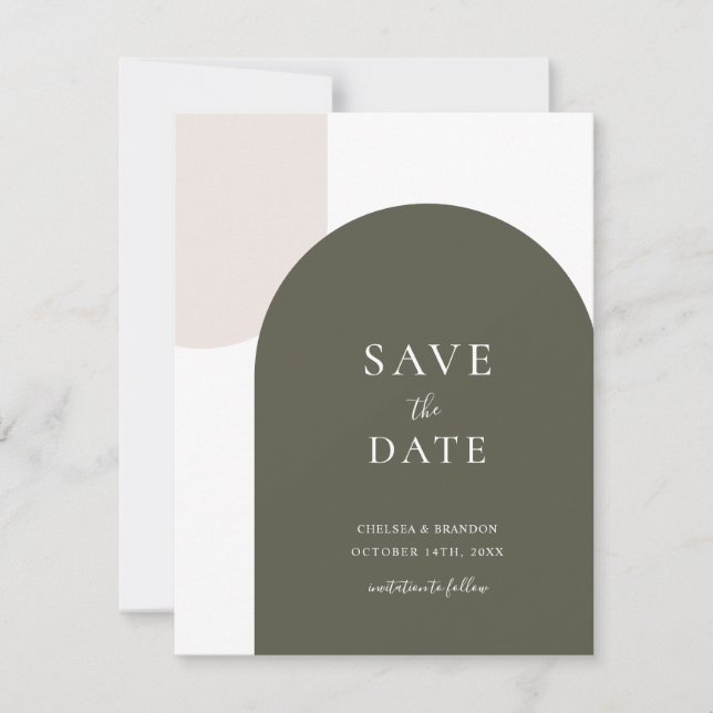Minimal Sage Green Boho Arch Rustic Script Wedding Save The Date (Front)