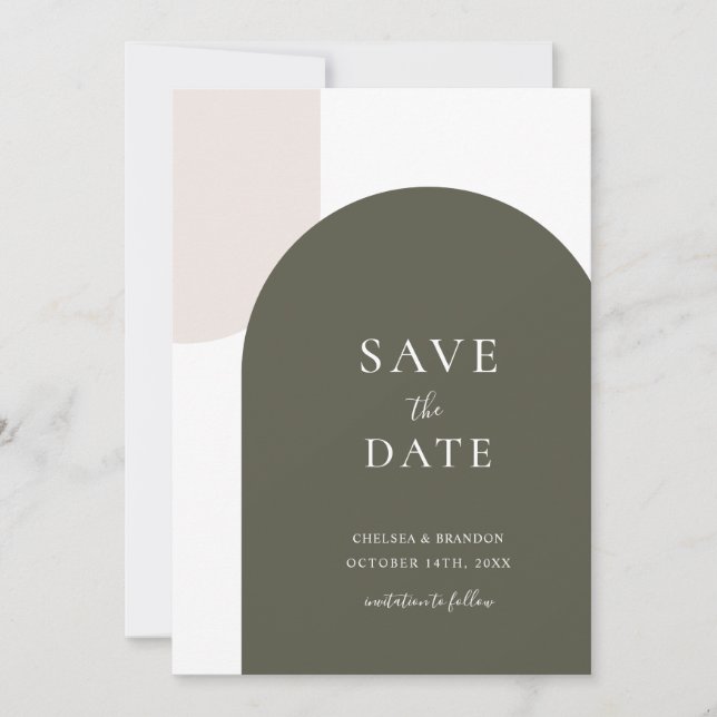 Minimal Sage Green Boho Arch White Script Wedding Save The Date (Front)