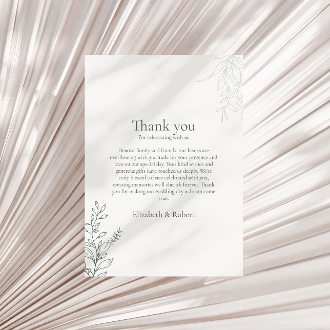 Minimal Sage Green Botanical Thank You Card (Minimal Sage Green Botanical Thank You Card on a neutral dry palm leaf.)