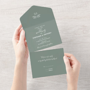 Minimal Sage Green Branch Calligraphy  Wedding    All In One Invitation