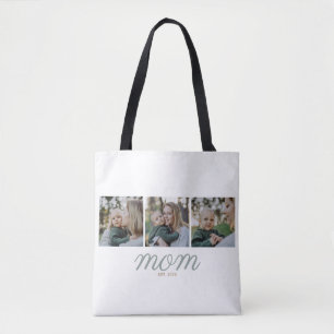 Minimal Sage Green & Gold Mum Established 3 Photo Tote Bag