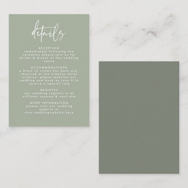 Minimal Sage Green Handwritten Script Wedding Enclosure Card (Front/Back)