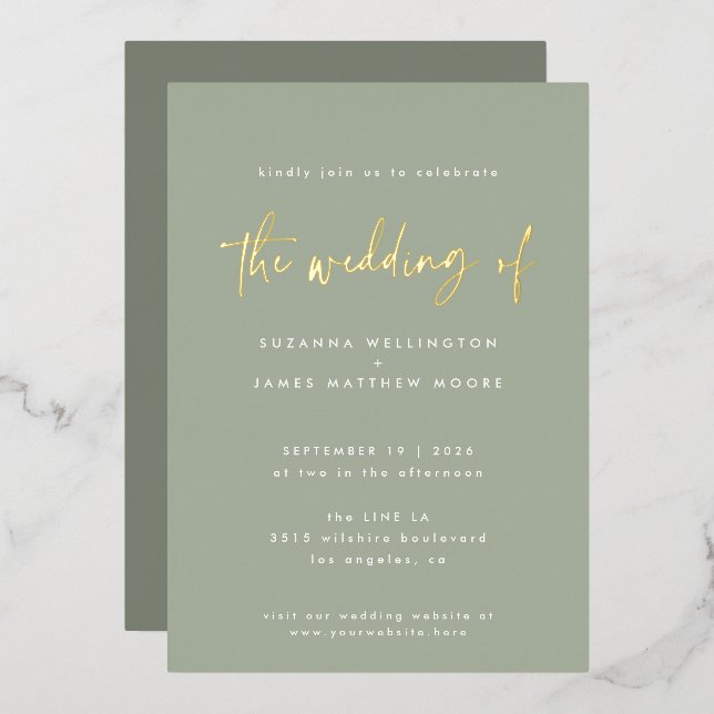 Minimal Sage Green Handwritten Script Wedding Gold (Front/Back)