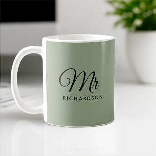 Minimal Sage-Green Heart Calligraphy Anniversary Coffee Mug