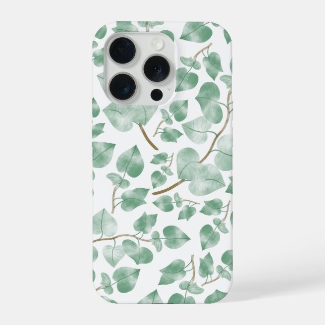 Minimal Sage Green Leaves Watercolor Pattern iPhone Case (Back)
