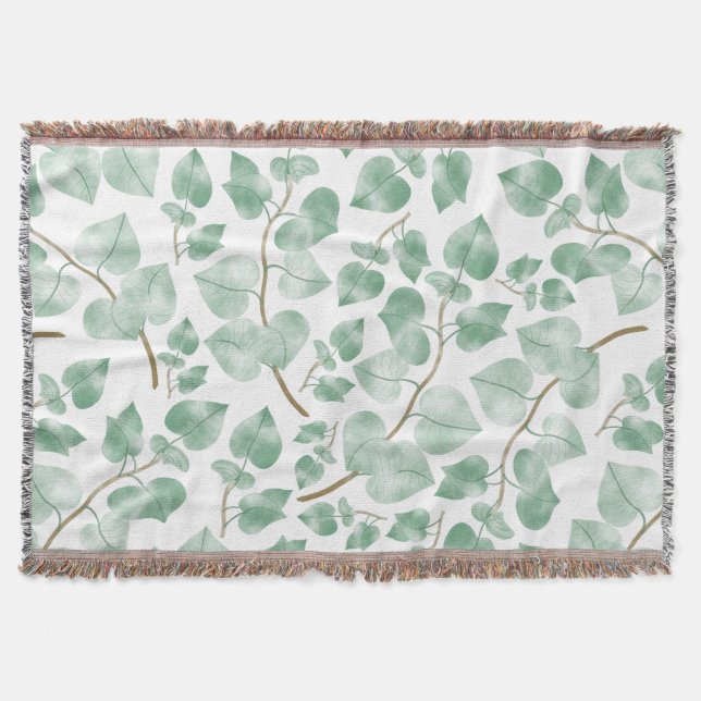 Minimal Sage Green Leaves Watercolor Pattern Throw Blanket (Front)