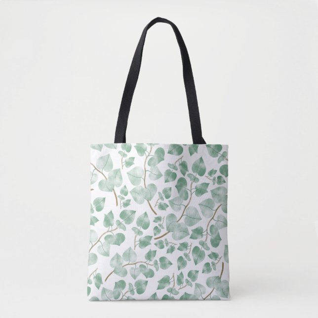 Minimal Sage Green Leaves Watercolor Pattern Tote Bag (Front)
