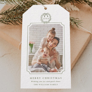 Minimal Sage Green Merry Christmas Photo Gift Tags