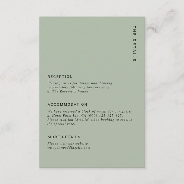 Minimal Sage Green Modern Simple Wedding Details Enclosure Card (Front)