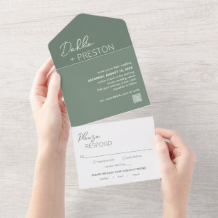 Minimal Sage Green QR Code Modern Wedding All In One Invitation