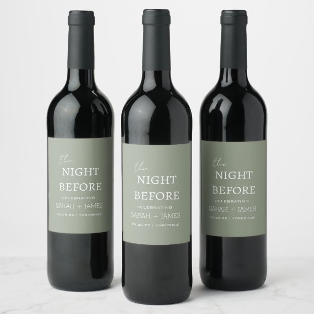 Minimal Sage Green the Night Before Wedding Party  Wine Label (Bottles)