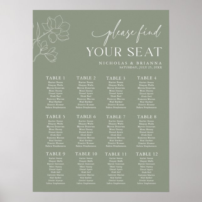 Minimal Sage Green Wedding 12 Table Seating Chart (Front)