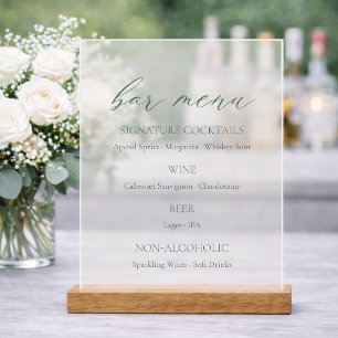 Minimal Sage Green Wedding Bar Menu  Acrylic Sign