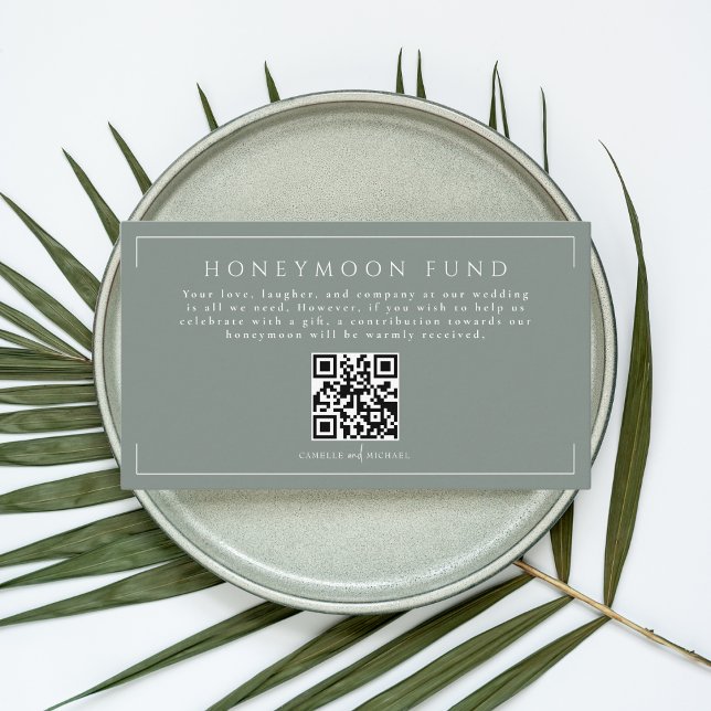 Minimal Sage Green Wedding Honeymoon Fund QR Code Enclosure Card (Creator Uploaded)
