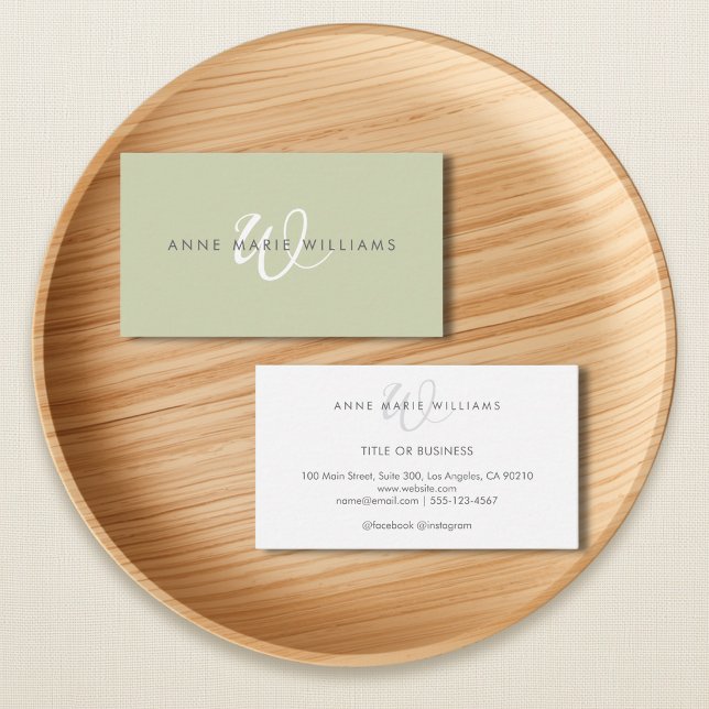 Minimal Sage Green White Script Monogram Business Card (Creator Uploaded)