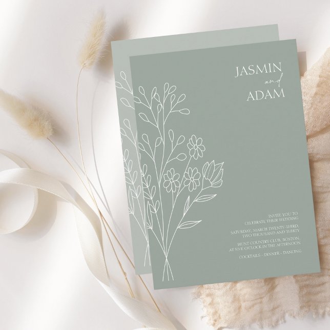 Minimal Sage Green White Wildflowers Wedding Invitation (Creator Uploaded)