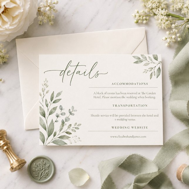 Minimal Sage Wedding Botanical Details Card (Creator Uploaded)